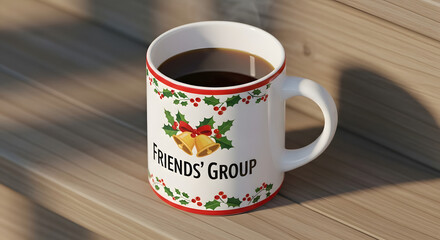 A cozy mug filled with fresh coffee on a wooden table 