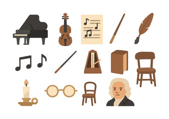 Classical music icons collection: piano, violin, notes, metronome, composer illustration