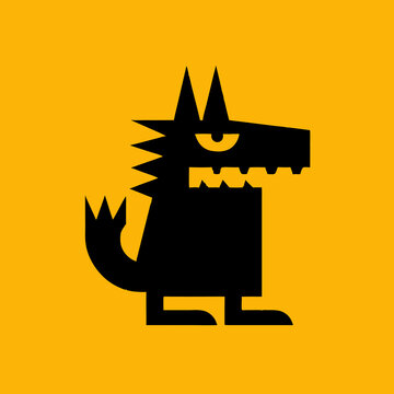 Black monster with sharp teeth and yellow eye on orange background