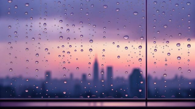 Raindrops windowpane with city skyline silhouette at sunset, moody atmosphere