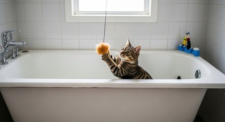 Striped tabby cat playing with a toy inside a white porcelain bathtub