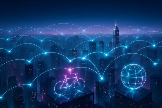 Dynamic glowing network connecting a vibrant city with a bicycle and globe, symbolizing modern connectivity, futuristic urban transportation, and global communication in an energetic digital landscape - Powered by Adobe