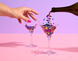 Celebration hand pouring confetti into wine glass