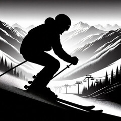 silhouette of a man on a mountain, silhouette of a man standing on a mountain, silhouette of a man standing on a mountain top, skiing in the mountains, skier on a snowboard, skiing on the mountain, sk