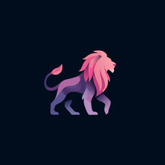 Lion walking on a dark background with pink and purple hues