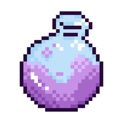 Obraz premium Pixel 8 bit illustration of a round magic potion bottle filled with purple liquid. Retro game style element perfect for Halloween, fantasy themes, stickers, icons, and pixel art projects.