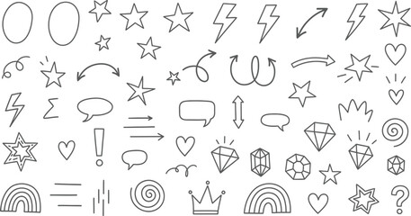 Fototapeta premium Cute Doodle Icons, Hand Drawn Arrows, Hearts, Stars, Diamonds, Crown, Rainbow on White