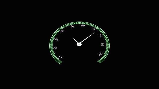 Digital speedometer animation green gauge meter hud interface black background 4k. Green gauge meter animation speedometer progress digital interface 4k motion graphics.