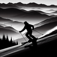 silhouette of a man on a mountain, silhouette of a man standing on a mountain, silhouette of a man standing on a mountain top, skiing in the mountains, skier on a snowboard, skiing on the mountain, sk
