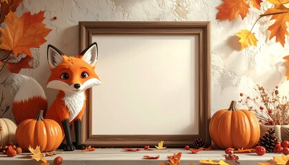 A cartoon fox watches an empty frame among pumpkins, autumn leaves, and berries on a stone surface