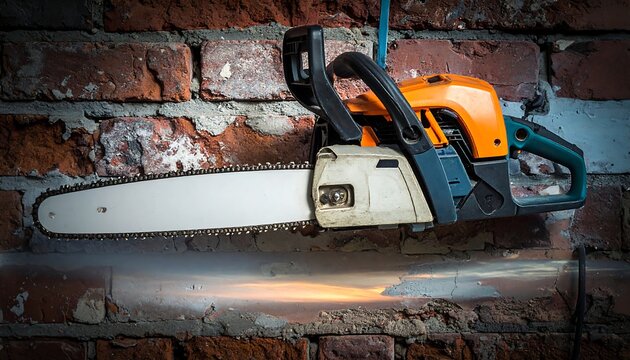 A chainsaw rests on an old brick wall with its sharp blade prominently displayed