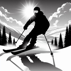 silhouette of a man on a mountain, silhouette of a man standing on a mountain, silhouette of a man standing on a mountain top, skiing in the mountains, skier on a snowboard, skiing on the mountain, sk