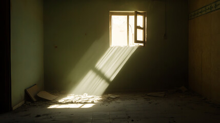 Sunlight streams through an open window in a dark, derelict room, casting a ray onto the debris-strewn floor.