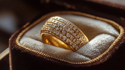 Naklejka premium Elegant Gold Ring with Diamonds in Luxurious Velvet Box Display