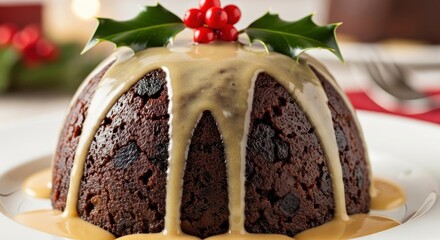Traditional Christmas pudding with brandy butter sauce, festive fruit cake with holly decoration, classic British holiday dessert on white plate