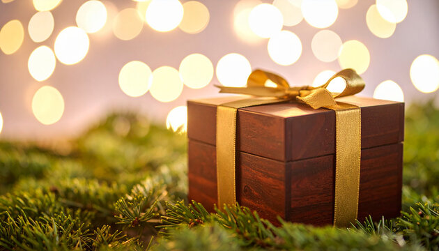 Beautifully wrapped wooden gift box with a golden ribbon, resting on festive pine branches against a shimmering bokeh background, evoking holiday joy and thoughtful celebrations