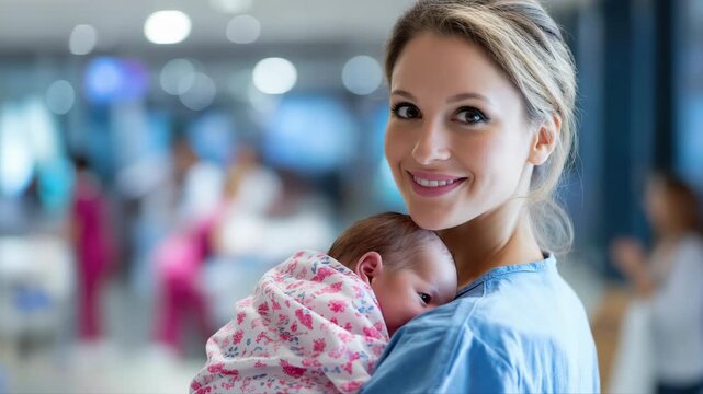 Caring nurse cradles newborn in hospital ward amid busy background
