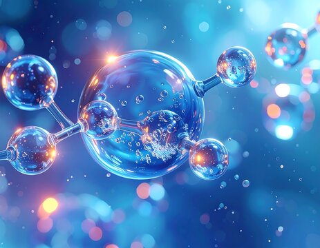 A macro shot depicting a cluster of molecular structures in blue tones with bokeh. Spherical nodes are connected