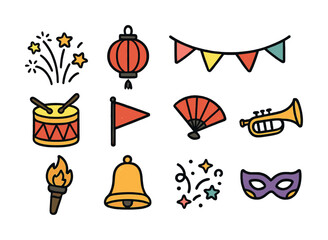 Colorful festival icons: fireworks, lantern, fan, drum, mask, bell, torch, trumpet, flags