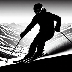 silhouette of a man on a mountain, silhouette of a man standing on a mountain, silhouette of a man standing on a mountain top, skiing in the mountains, skier on a snowboard, skiing on the mountain, sk