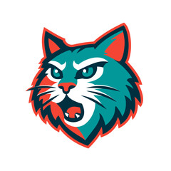 Fototapeta premium Fierce Wildcat Head Vector Illustration. Aggressive Feline Mascot Design with Open Mouth, Sharp Teeth, and Intense Eyes in Vibrant Colors.