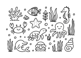 Cute underwater cartoon creatures: fish, seahorse, dolphin, octopus, turtle, starfish, crab, coral