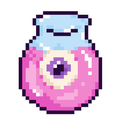 Pixel illustration of a magic potion bottle with an eye design in pink and blue tones. Retro 8 bit video game style perfect for Halloween, fantasy themes, stickers, and pixel art projects.