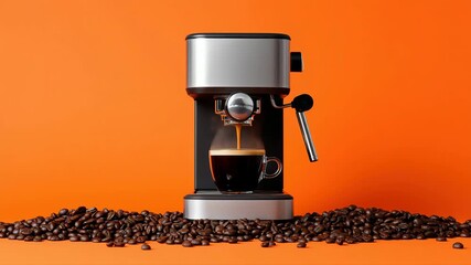 Espresso machine brewing process with fresh coffee beans in vibrant setting