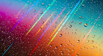Colorful diagonal light streaks with water drops, vibrant abstract background
