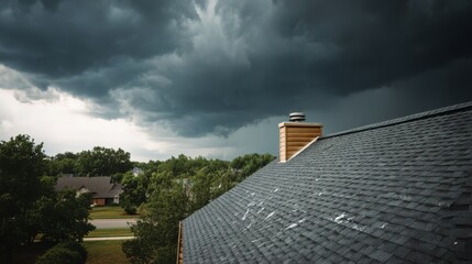 Awesome photo of dark storm cloud over the roof of a house in a residential neighborhood.