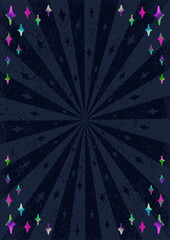 Retro dark background with colorful stars. Abstract vector magic vintage template with crystals. Vertical design for banner, poster,card. All elements, textures are individual objects