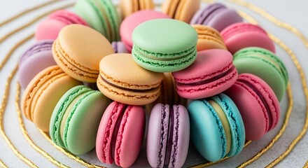 Obraz premium Colorful Macarons Stacked on a Decorative White and Gold Plate.