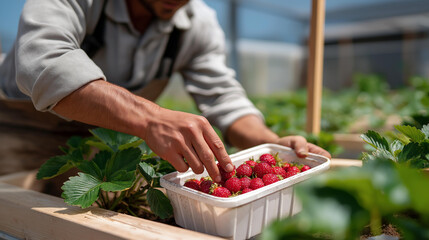 Hands picking fruit, their fingers nimble, pluck strawberries in a suburban plot, the plants low and leafy. A plastic container, its lid scratched, collects berries, and a canvas hat, its brim