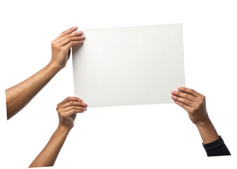 Three hands holding a blank horizontal sheet of white paper or poster card.