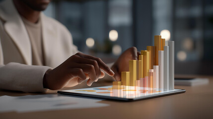 Abstract 3D visualization of growing bar charts, pie charts, and asset flow with hands interacting on a tablet, representing the concept of wealth management, investment growth, strategic portfolio