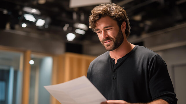 An actor performs a cold read in a casting studio, with a script handed moments ago, a camera zooming in, a director nodding, and a clock ticking down, shown in a tense photo with paper creases,