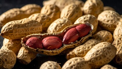 A macro shot depicts a close-up view of peanuts in their shells, one shell split open revealing the red kernels. Other peanuts are tightly closed