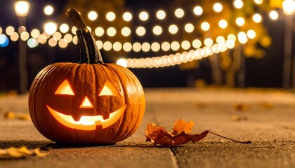 A carved jack-o'-lantern glows on a stone path at night, with string lights in the background