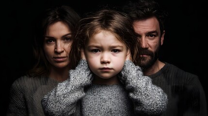 Child covers ears amid parental conflict showing emotional distress and family tension