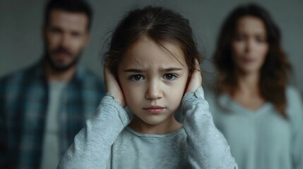 A young child covers her ears with her hands while parents appear distressed in the background depicting emotional family conflict