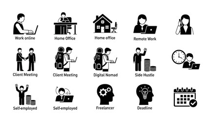 Work From Home and Freelance Lifestyle Icons with People Working Remotely