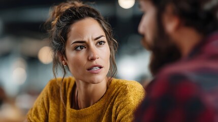 A woman and man in a tense conversation at a cafe displaying concern and disagreement