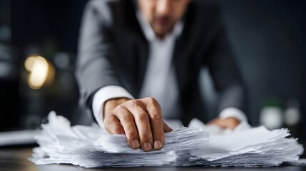 A focused businessman s hand reaches into a large stack of documents on an office desk