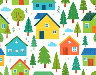 Fototapeta premium A cheerful, repetitive pattern featuring colorful houses, trees, and clouds on a white background