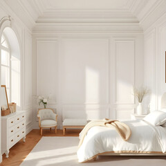 Interior of a bedroom in white and creamy tones