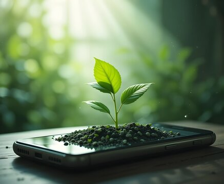 small plant sprout growing out of soil on a smartphone screen green technology mobile ecology