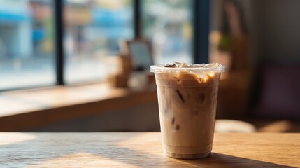 Awesome photo of iced latte coffee in plastic glass on wooden table in cafe with sunlight.