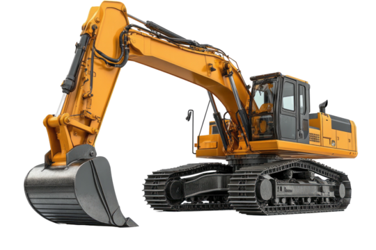 Yellow excavator with extended arm, isolated on dark