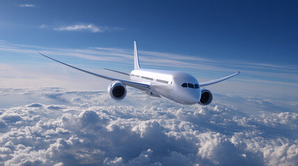 Obraz premium A white passenger airplane flying high above a sea of fluffy white clouds and blue sky