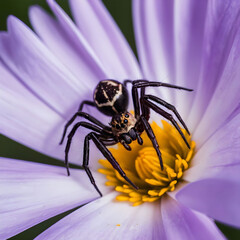 Macro of a spider on a purple petal of a flower